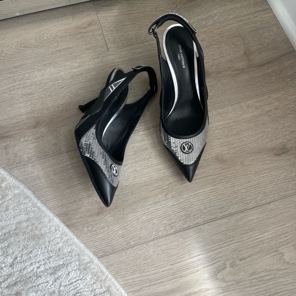 Louis Vuitton Black and Silver Slingback Heels